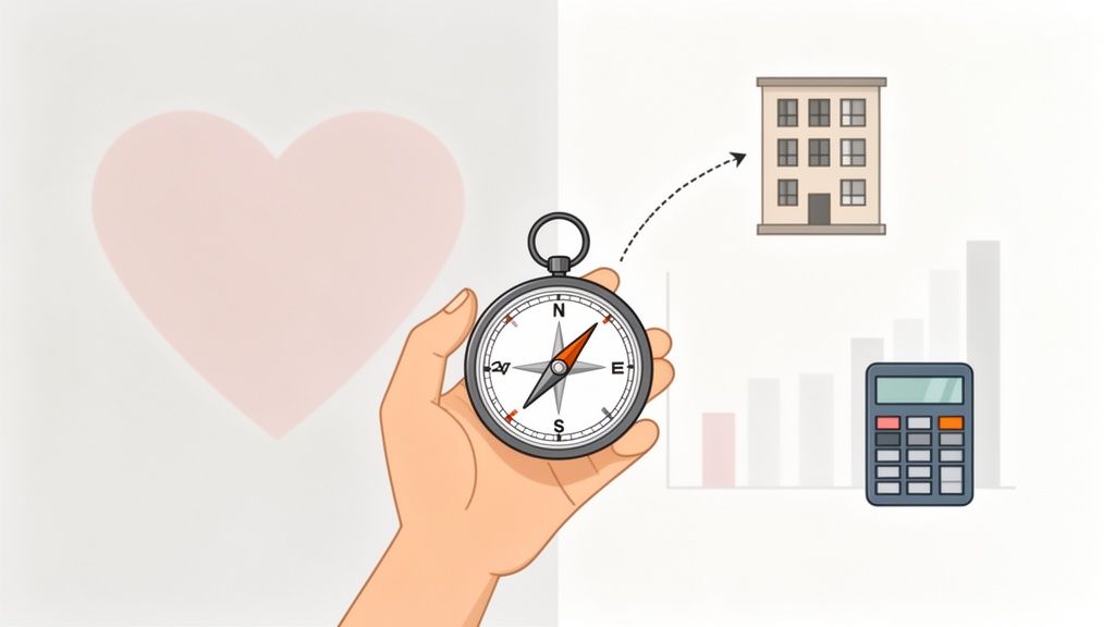 Hand hält Kompass, zeigt auf ein Immobiliengebäude und einen Taschenrechner, mit Herz und Balkendiagrammen im Hintergrund.