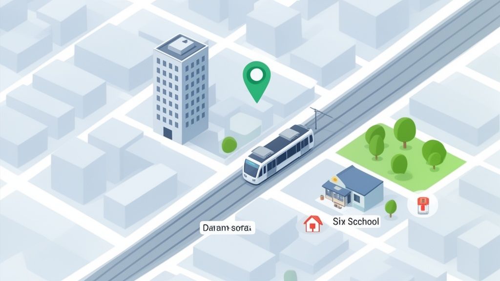 Isometrische Karte zeigt eine Stadtansicht mit Gebäuden, einer Straßenbahn, einem grünen Standort-Pin und Textlabels auf einem Stadtplan.