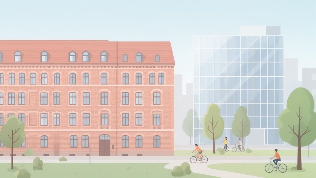 Eine Stadtlandschaft mit einem alten Backsteingebäude, einem modernen Glasgebäude und Radfahrern in einem Park.