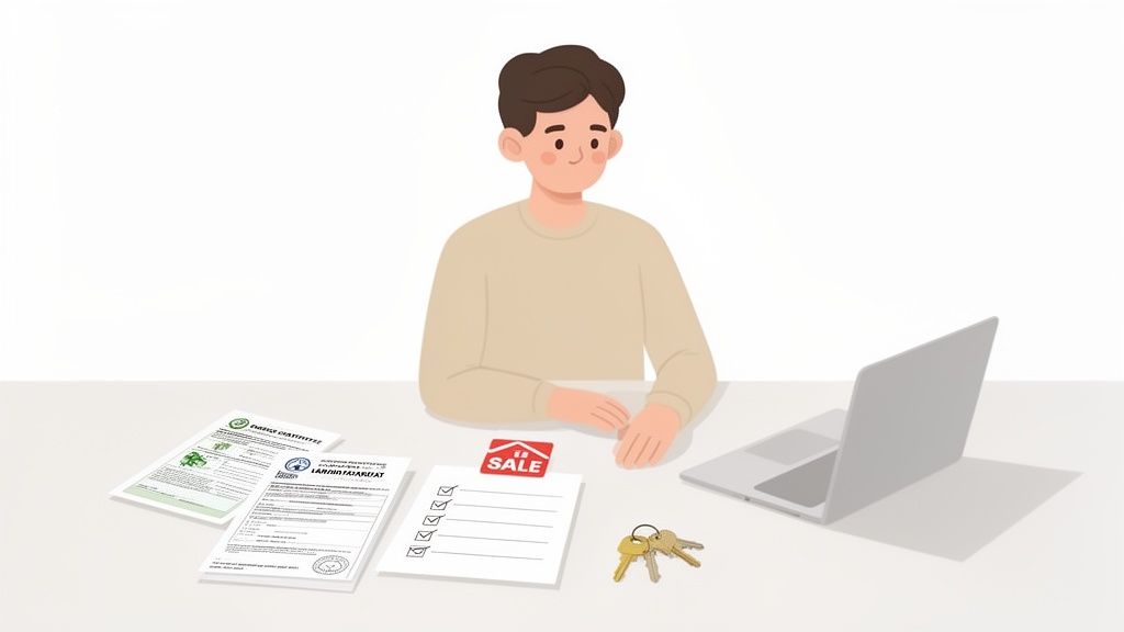 Mann am Schreibtisch bereitet den Wohnungsverkauf vor, mit Dokumenten, Checkliste, Schlüssel und Laptop.