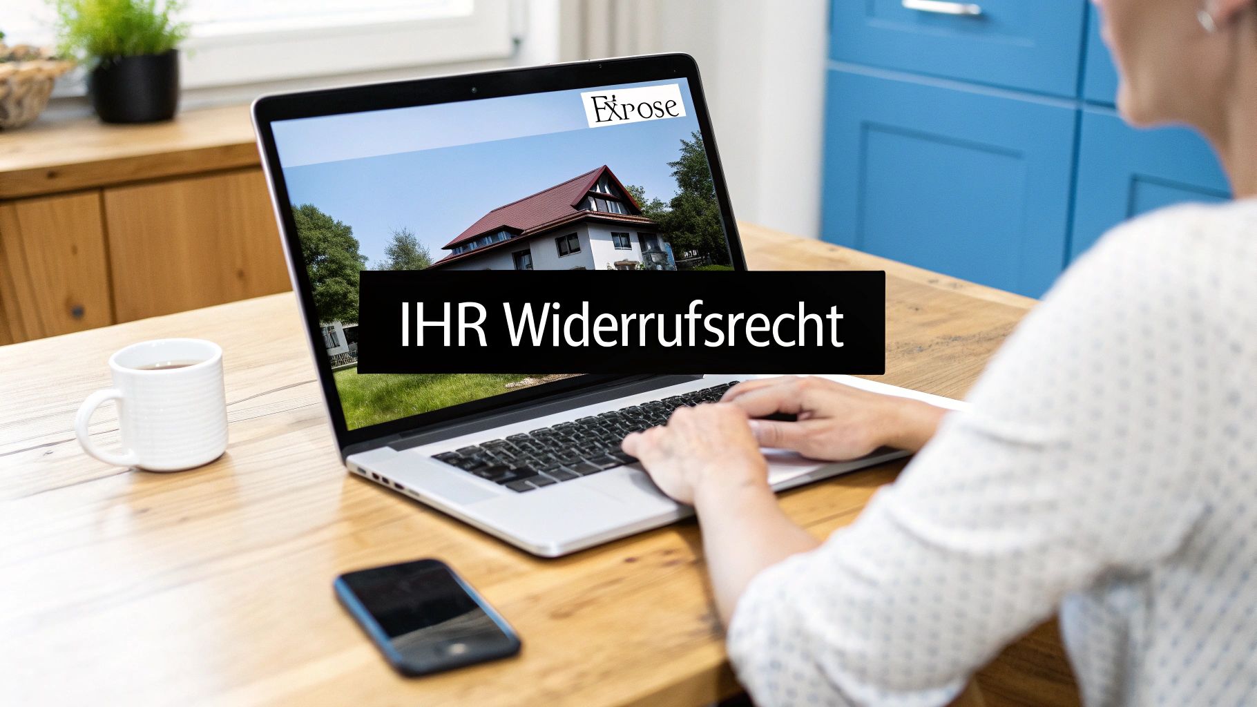 Eine Person tippt auf einem Laptop, auf dessen Bildschirm "IHR Widerrufsrecht" und ein Haus zu sehen sind.