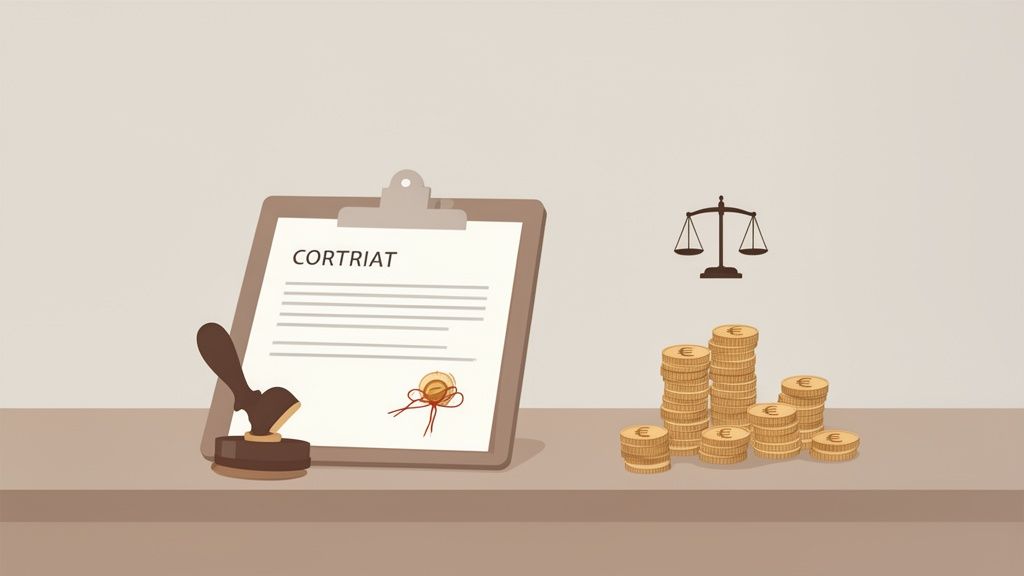 Ein Dokument mit Siegel und Stempel, daneben Geldmünzen und eine Justitia-Waage auf einem Tisch.