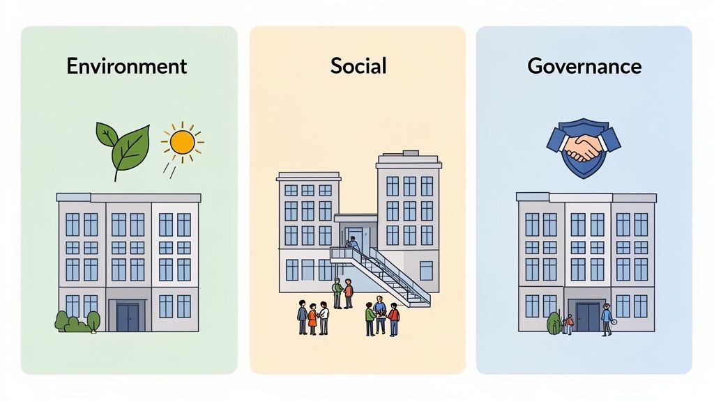 Illustration der ESG-Kriterien für Immobilien: Umwelt, Soziales und Governance mit passenden Symbolen und Gebäuden.