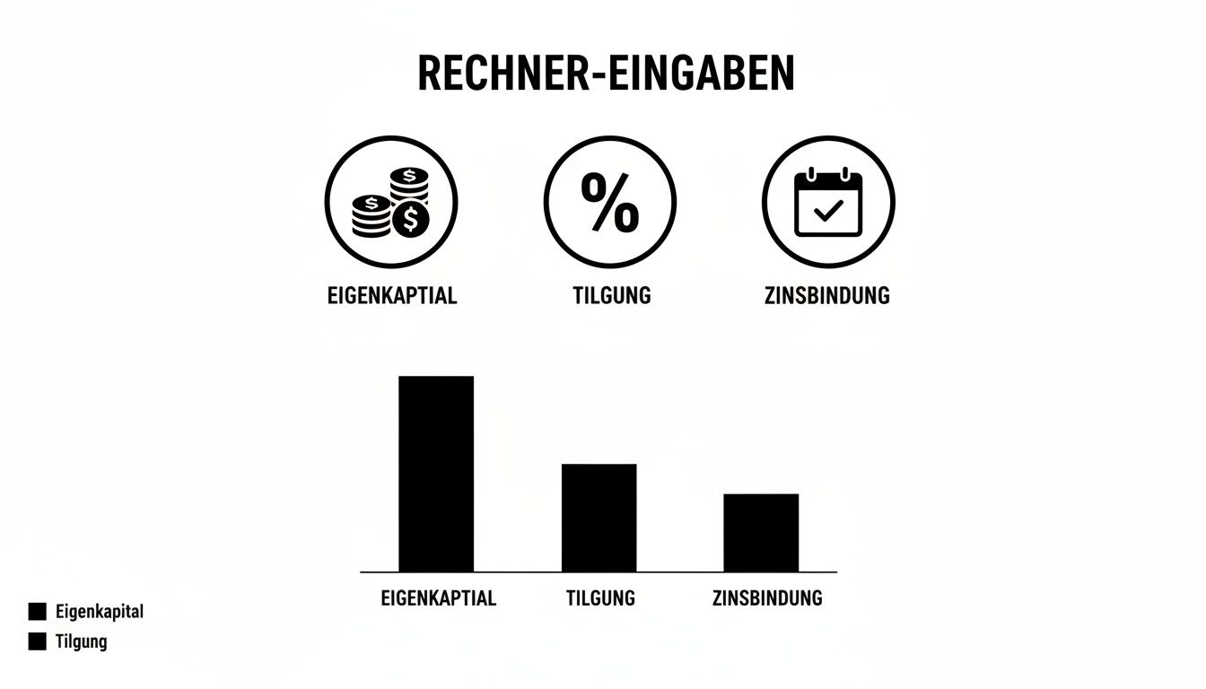 Grafik zeigt Rechner-Eingaben für Baufinanzierung: Eigenkapital, Tilgung und Zinsbindung, dargestellt mit Icons und einem Balkendiagramm.