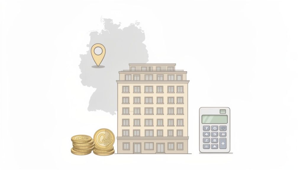 Illustration zur Berechnung von Wohnungskauf Nebenkosten in Deutschland mit Gebäude, Münzen und Rechner.