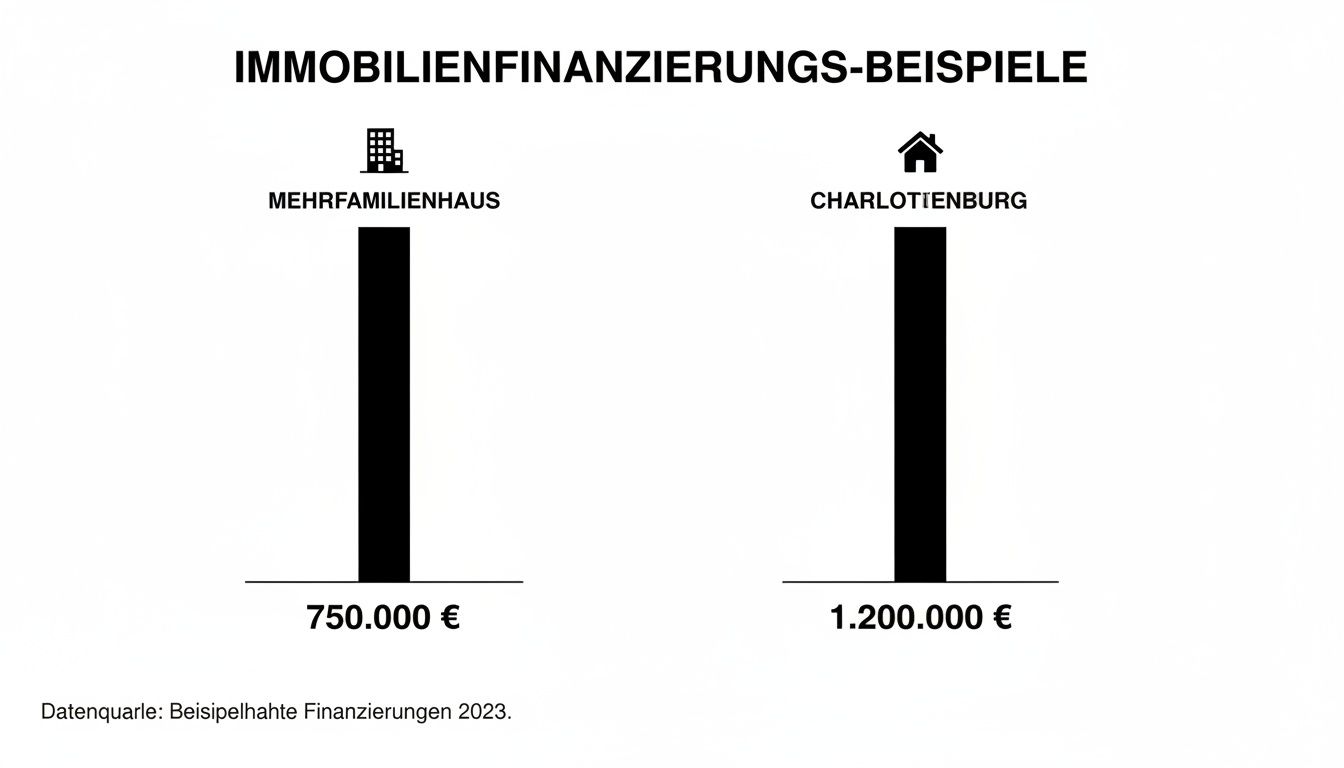 Grafik zeigt Immobilienfinanzierungsbeispiele für ein Mehrfamilienhaus (750.000 €) und ein Objekt in Charlottenburg (1.200.000 €) im Jahr 2023.
