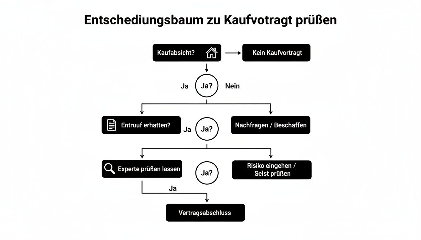 Entscheidungsbaum zur Prüfung eines Kaufvertrags, zeigt Schritte von Kaufabsicht bis Vertragsabschluss.