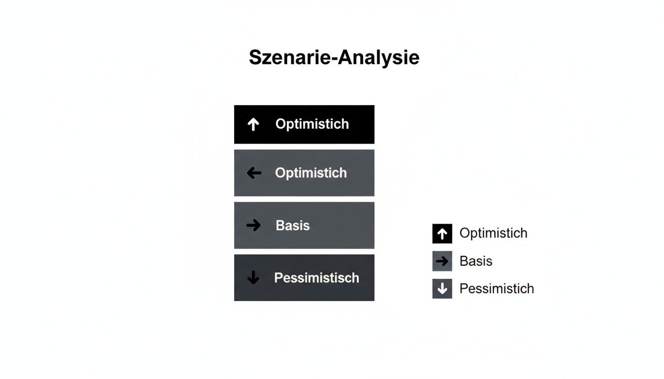 Szenarie-Analyse mit Optionen für optimistische, Basis- und pessimistische Prognosen, dargestellt durch Pfeile und Beschriftungen.