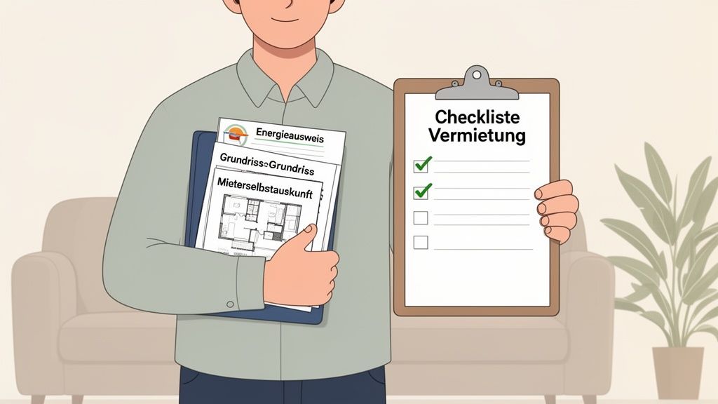 Person hält wichtige Dokumente wie Energieausweis, Grundriss, Mieterselbstauskunft und eine Vermietungs-Checkliste in den Händen.
