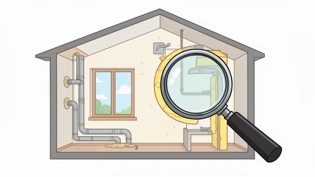 Querschnitt eines Hauses mit Rohren, Fenstern und Dämmung, ein Vergrößerungsglas inspiziert einen Bereich.