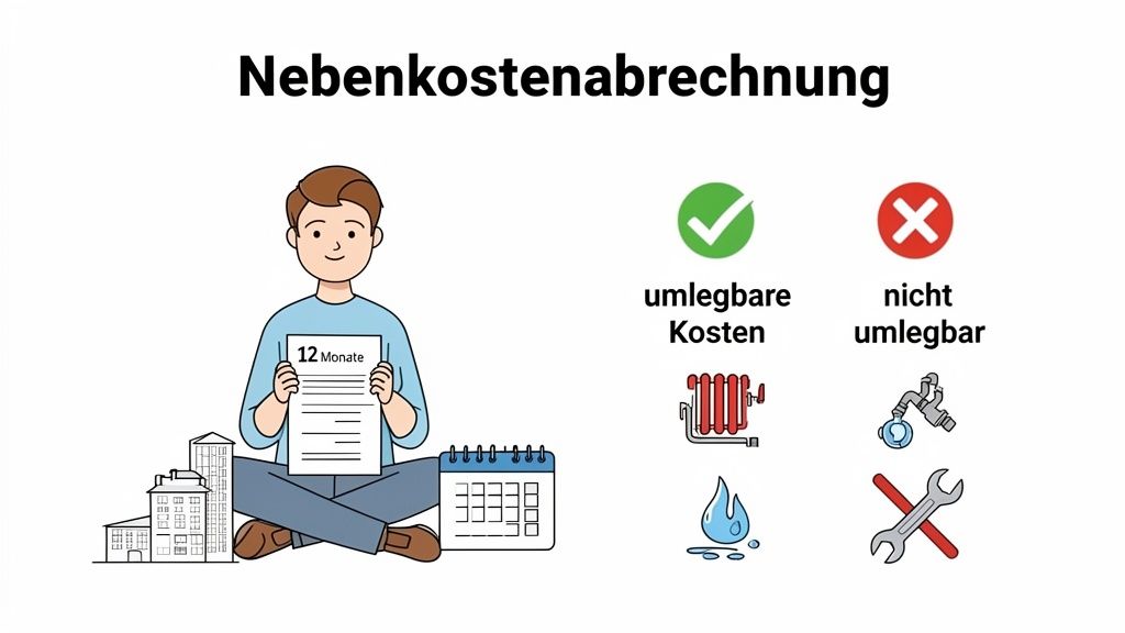 Die Grafik erklärt die Nebenkostenabrechnung und welche Kosten auf Mieter umgelegt werden dürfen (Heizung, Wasser) und welche nicht (Reparaturen).