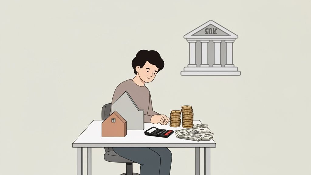 Mann berechnet Finanzen für Hauskauf mit Rechner, Münzen, Geld und Bank im Hintergrund.