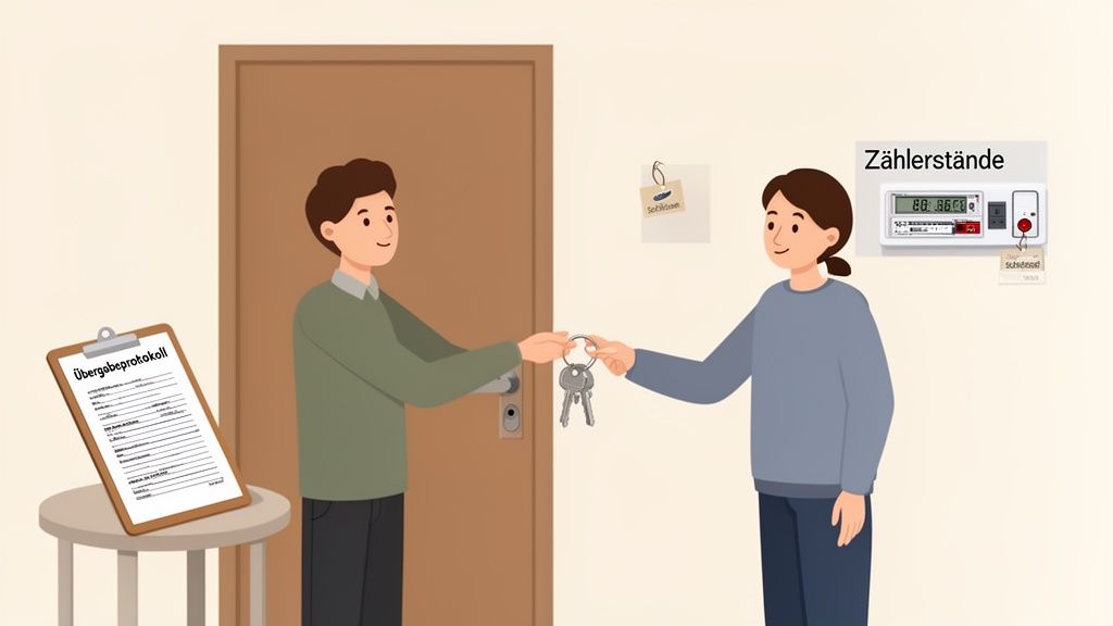 Zwei Personen übergeben Schlüssel bei einem Umzug. Ein Übergabeprotokoll und Zählerstände sind sichtbar.