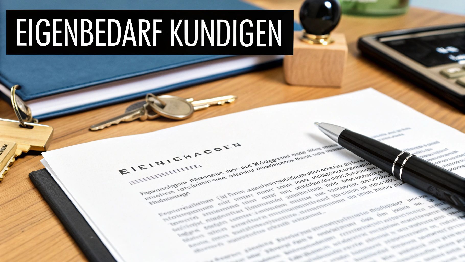 Ein Dokument mit der Überschrift "EIGENBEDARF KÜNDIGEN", einem Stift und Schlüsseln auf einem Holztisch.