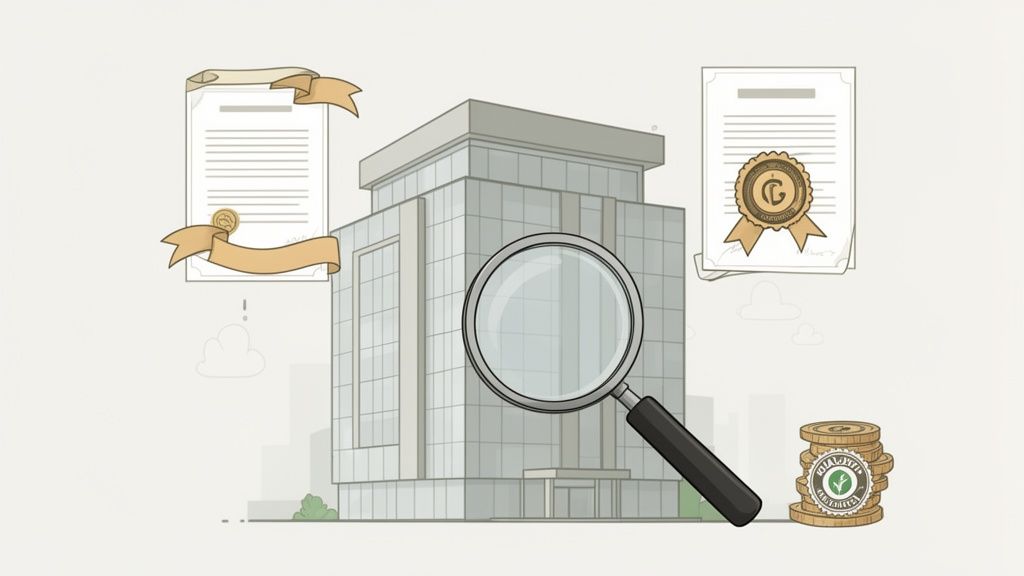 Eine Lupe prüft ein Gebäude, umgeben von Zertifikaten und Münzen, symbolisiert Bewertung und Qualität.