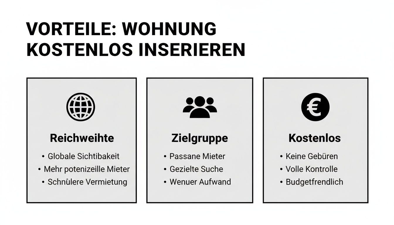 Infografik zeigt die Vorteile des kostenlosen Inserierens einer Wohnung: Reichweite, Zielgruppe und Kostenfreiheit.
