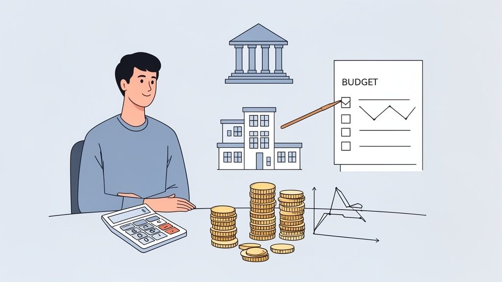 Mann plant Finanzen mit Rechner, Geld, Immobilien und Budgetdokument für Investitionen.