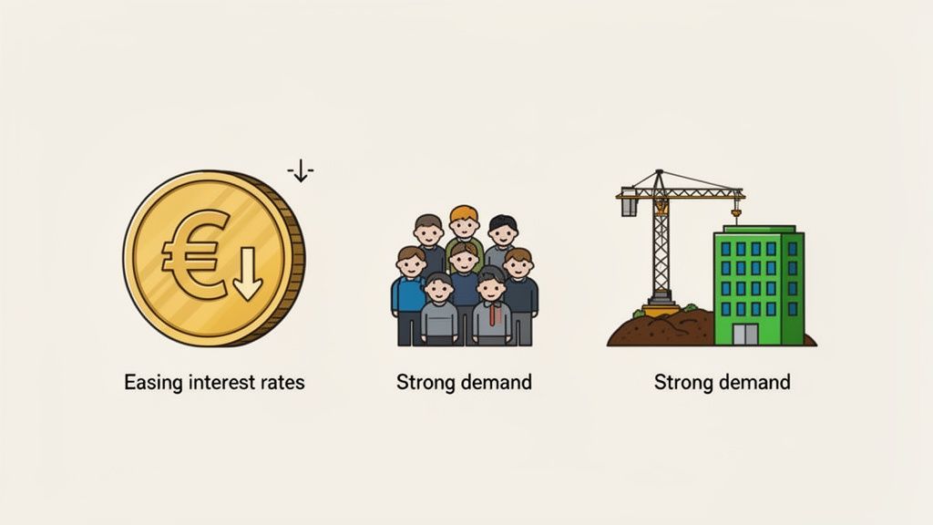 Abbildung zeigt sinkende Zinsen, starke Nachfrage nach Wohnraum und Immobilienentwicklung.