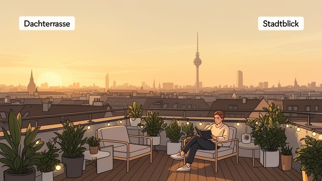 Eine Person liest entspannt auf einer Dachterrasse mit Stadtblick bei Sonnenuntergang.