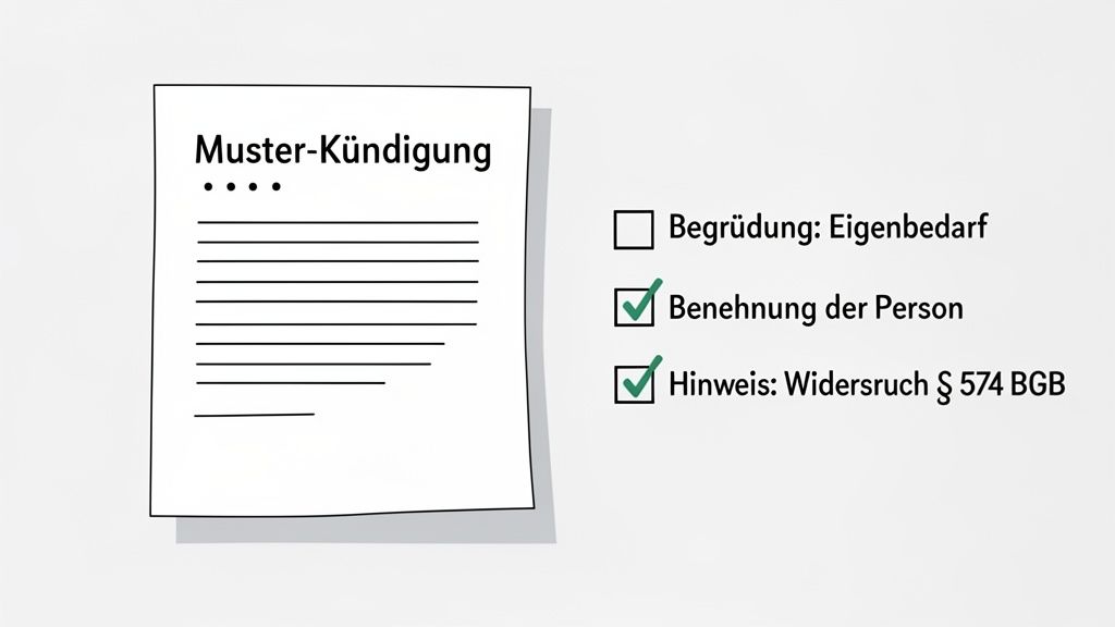 Abbildung einer Muster-Kündigung mit Checkboxen für Begründung, Personenbenennung und Hinweis zum Widerspruch nach § 574 BGB.
