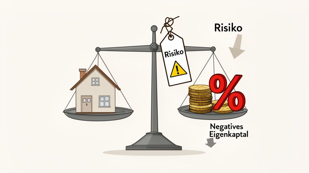 Waage zeigt Haus auf einer Seite und Münzen mit Prozentzeichen sowie Risikohinweisen auf der anderen.