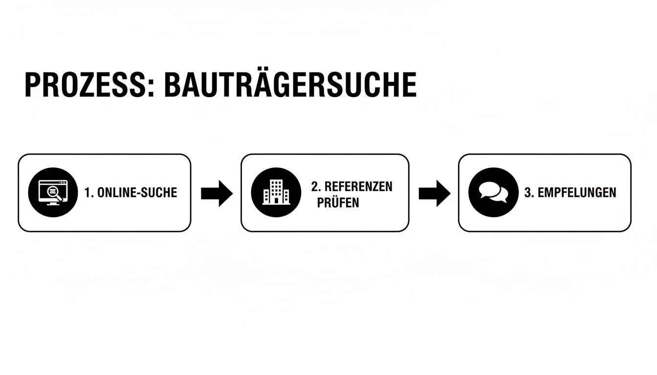 Flussdiagramm zur Bauträgersuche: Online-Suche, Referenzen prüfen und Empfehlungen einholen.