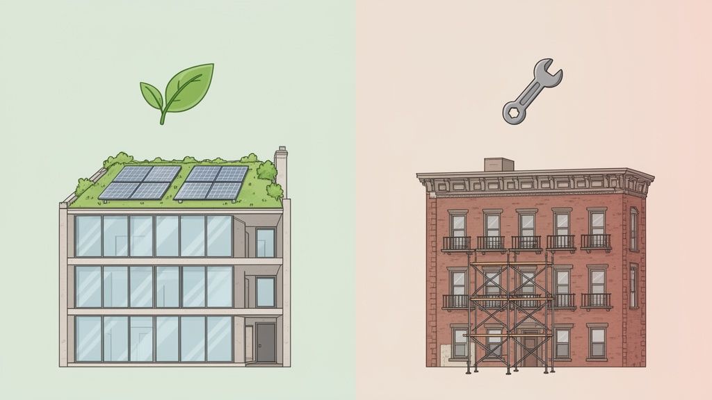 Bild vergleicht ein nachhaltiges Gebäude mit Solarpaneelen und Gründach mit einem Backsteingebäude unter Renovierung.