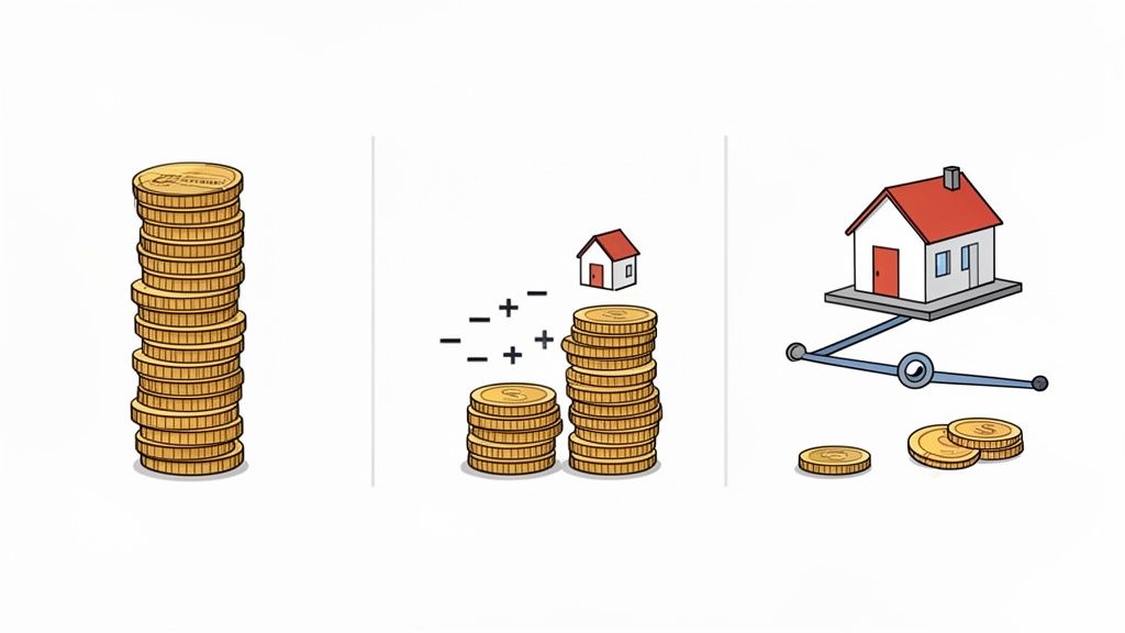 Darstellung von Geldmünzen, Wachstum und einem Haus, symbolisiert Immobilieninvestitionen und Erträge.