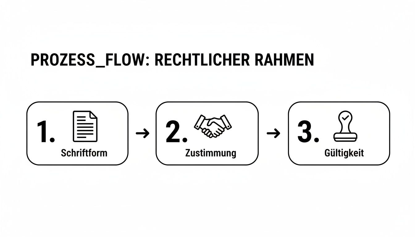 Ein Prozessflussdiagramm zeigt drei Schritte für einen rechtlichen Rahmen: Schriftform, Zustimmung und Gültigkeit.