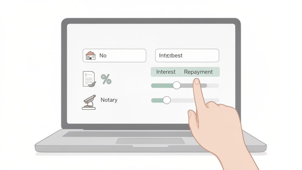 Laptop mit Finanzrechner-Oberfläche, zeigt Optionen für Hauskauf, Zinsen und Tilgung mit Schiebereglern und einer tippenden Hand.
