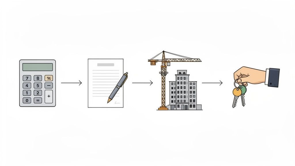 Ein Prozess von Kalkulation, Vertrag, Bau bis zur Schlüsselübergabe für eine neue Wohnung.