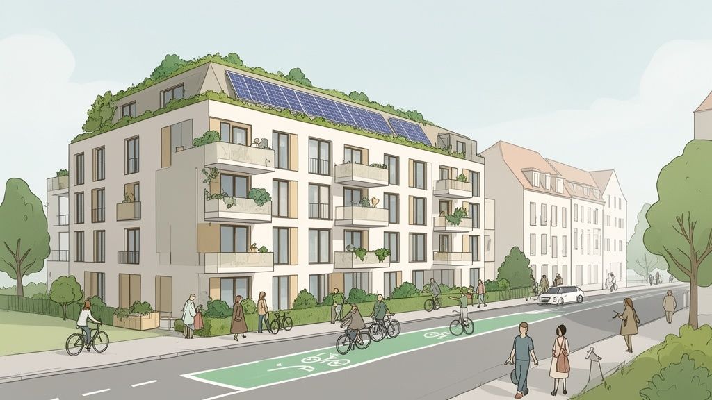 Modernes Wohngebäude mit Gründach, Solaranlagen und Fahrradweg in städtischer Umgebung.