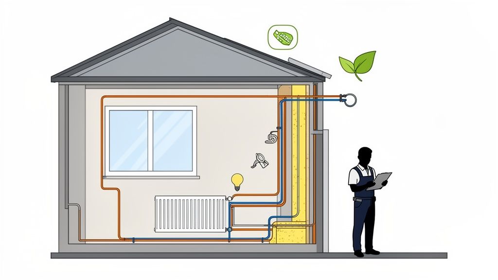 Querschnitt eines isolierten Hauses mit Heizung, Wasserleitungen und einem prüfenden Techniker für Effizienz.