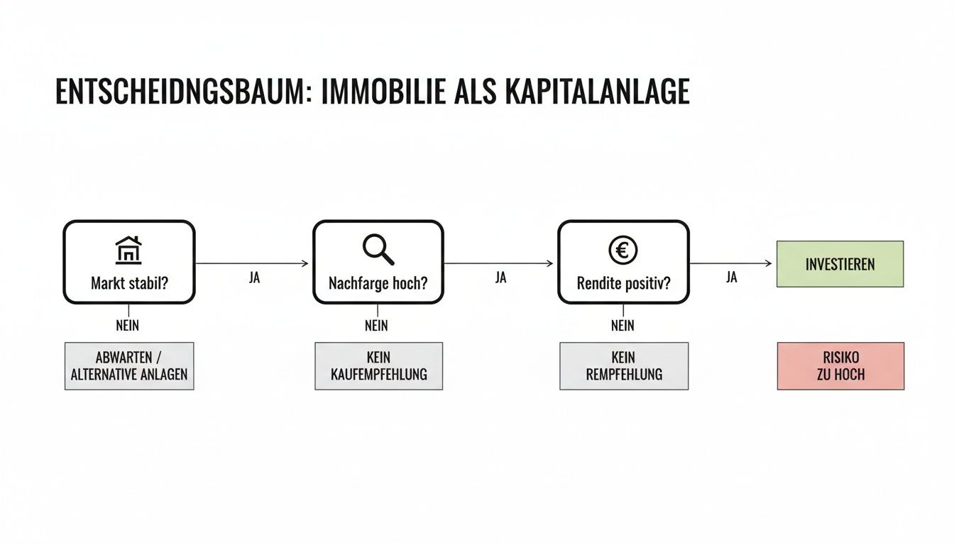 Ein Entscheidungsbaum zur Bewertung einer Immobilie als Kapitalanlage, der Marktstabilität, Nachfrage und positive Rendite prüft.