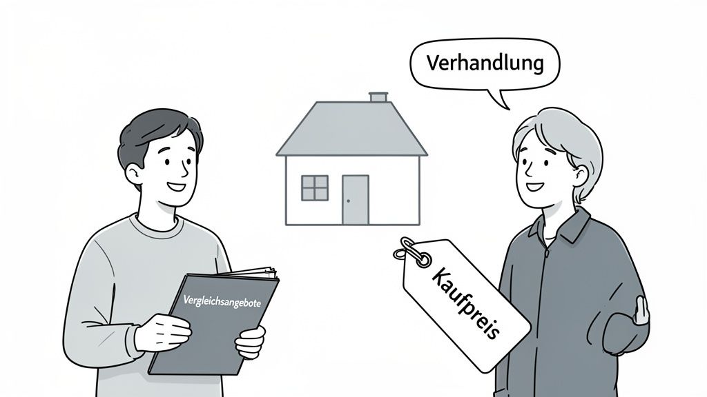 Zwei Männer verhandeln über den Kauf eines Hauses, mit Vergleichsangeboten und Kaufpreis-Diskussion.