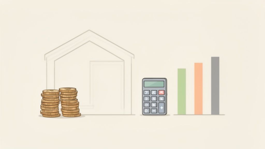Hausumriss mit Geldmünzen, Taschenrechner und ansteigendem Balkendiagramm, symbolisiert Immobilienfinanzierung und Wertentwicklung.