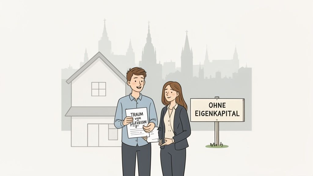 Ein Paar steht lächelnd vor einem Haus und einer Stadtkulisse, hält Dokumente und ein Schild mit 'Ohne Eigenkapital'.