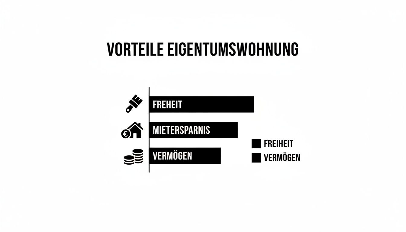 Infografik zeigt die Vorteile einer Eigentumswohnung: Freiheit, Mietersparnis und Vermögensaufbau, jeweils mit passenden Symbolen.