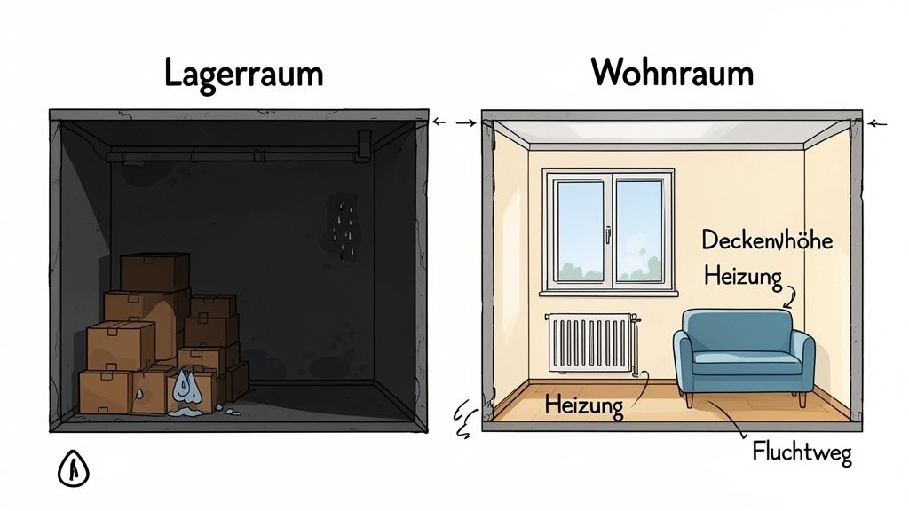 Vergleich zwischen einem dunklen Lagerraum mit feuchten Kartons und einem hellen Wohnraum mit Fenster, Heizung und Sofa.