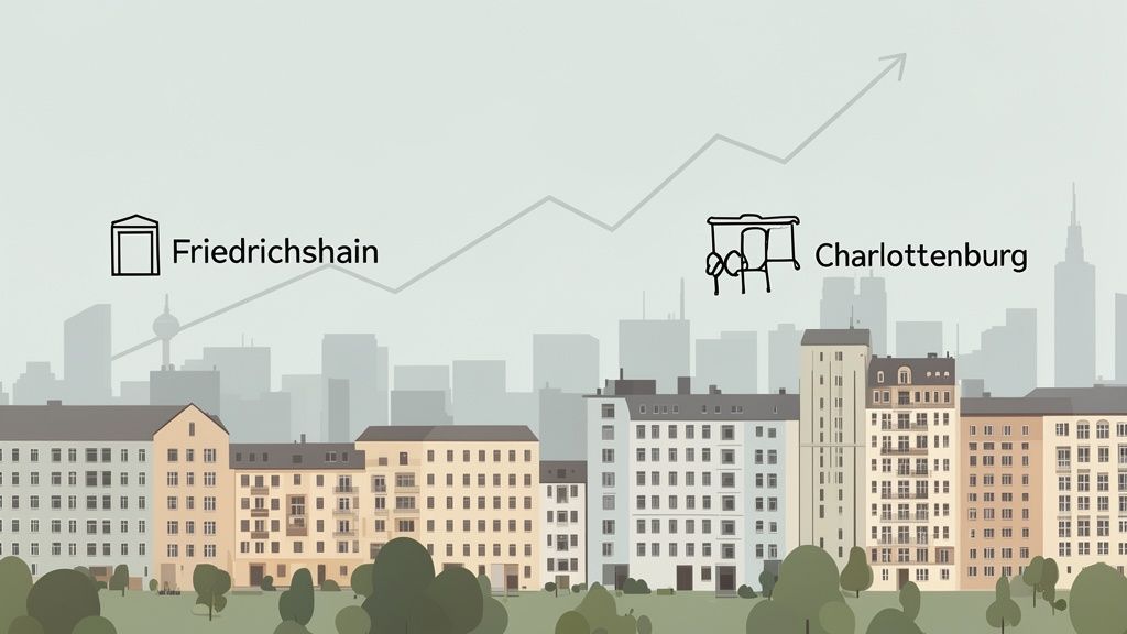 Grafik zeigt steigende Immobilienpreise in Berlin für Friedrichshain und Charlottenburg, vor urbaner Kulisse.