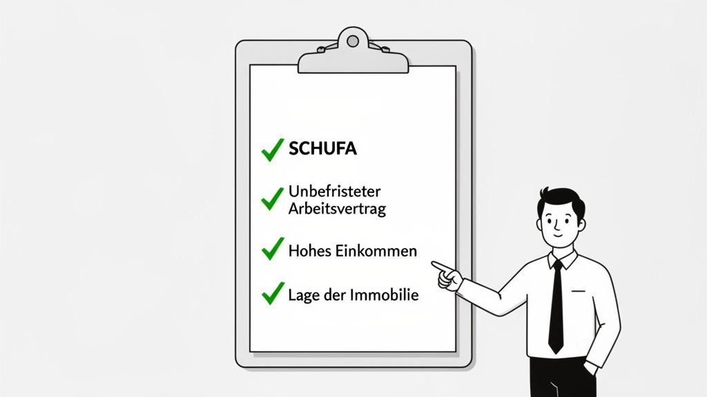 Mann zeigt auf eine Checkliste für Immobilienfinanzierung mit Punkten wie SCHUFA, Arbeitsvertrag und Einkommen.