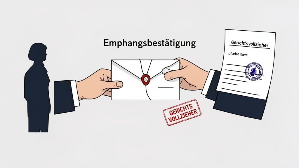 Eine Person erhält von einem Gerichtsvollzieher einen versiegelten Brief und ein Dokument als Empfangsbestätigung.