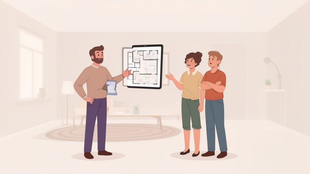 Mann zeigt einem Paar auf einem Tablet einen Wohnungsgrundriss. Immobilienpräsentation für potenzielle Käufer.