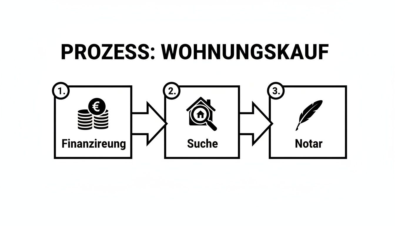 Diagramm zeigt den Prozess des Wohnungskaufs in drei Schritten: Finanzierung, Suche und Notar.