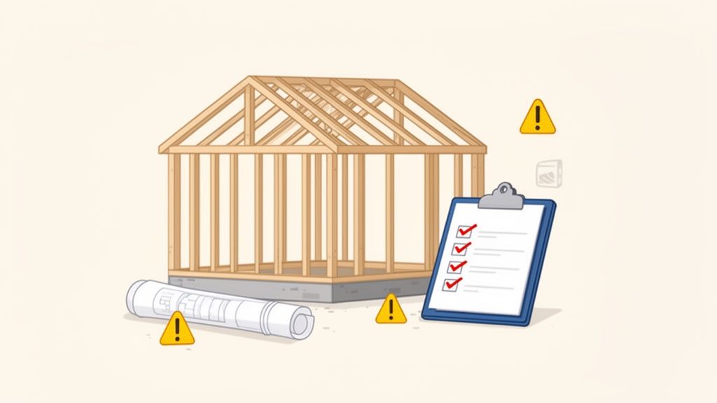 Abbildung eines Hausbaus mit Holzrahmen, Bauplan, einer Checkliste und Warnschildern.