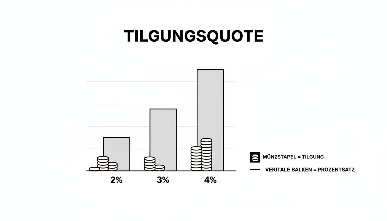 Balkendiagramm zeigt Tilgungsquoten von 2%, 3% und 4% mit Münzstapeln als Tilgung.