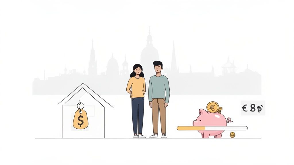 Illustration: Ein Paar spart Geld in einem Sparschwein, um ein Haus zu kaufen, mit Stadtkulisse.