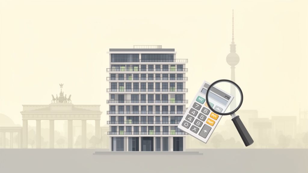 Modernes Wohngebäude in Berlin mit Brandenburger Tor und Fernsehturm im Hintergrund. Rechner und Lupe für Immobilienfinanzierung.