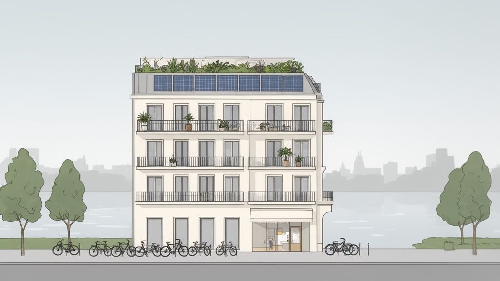 Moderne Wohngebäude mit Solarpaneelen, Gründach und Fahrradstellplätzen in städtischer Umgebung am Wasser.