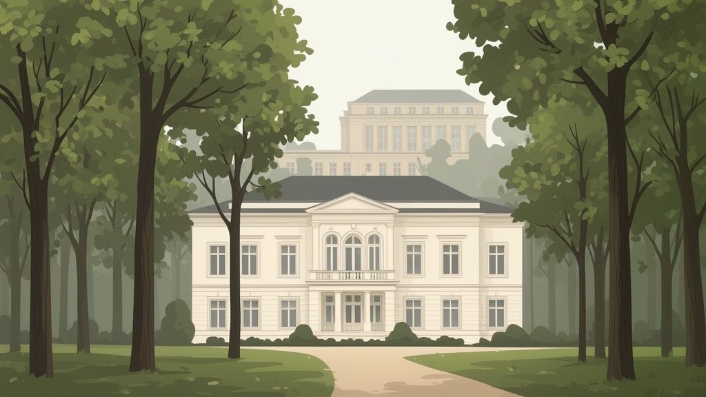 Elegantes weißes Haus mit dunklem Dach, umgeben von grünen Bäumen und einem Weg.